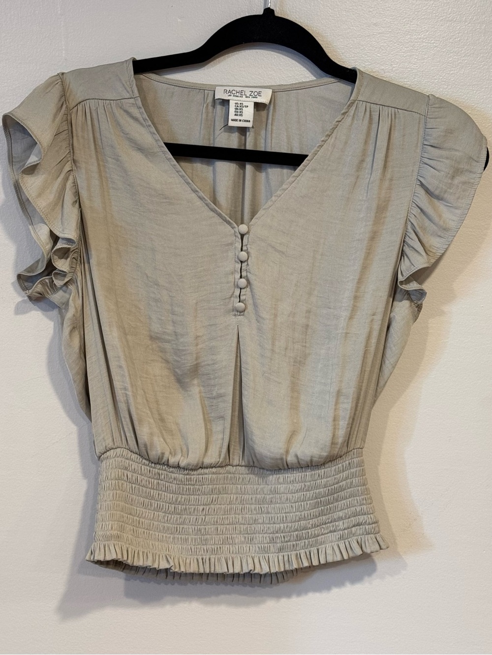 Rachel Zoe Ruffle Satin Sage Blouse Flutter Sleeves Smocked Waist Women's Small